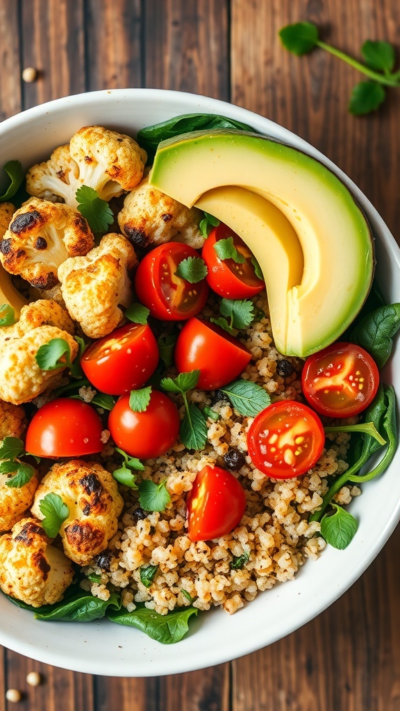 A healthy quinoa bowl with roasted cauliflower, spinach, cherry tomatoes, and avocado on a wooden table.